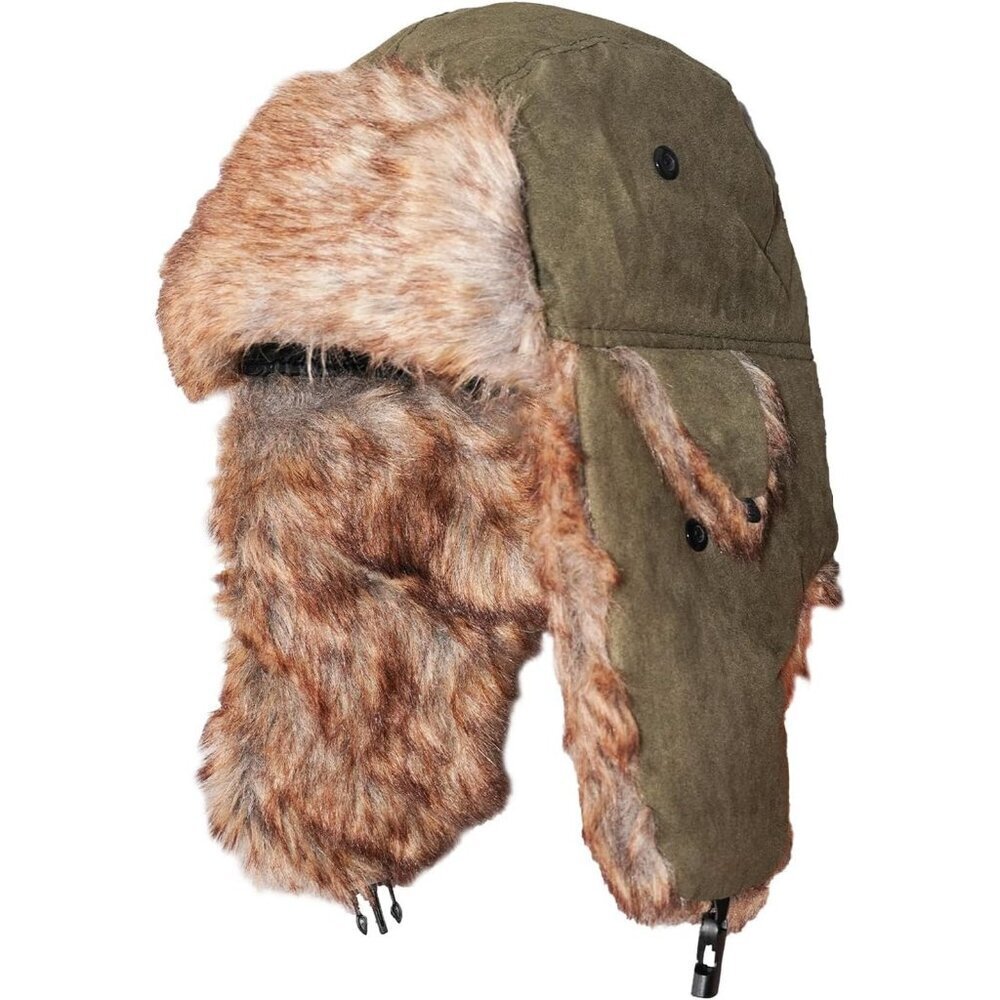 Men Dark Green ONWAY Faux Fur Trapper Hat Cozy Winter Ear Flaps Hat